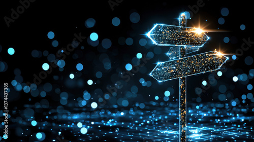 Glowing Blue Signpost with Three Directions in Dark Sparkling Background