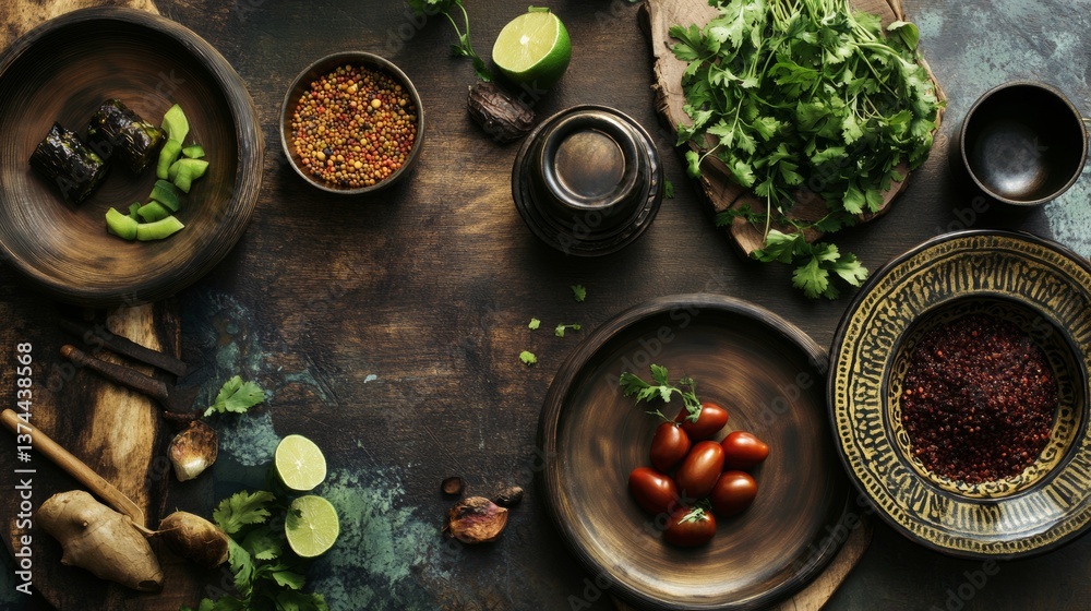Flat lay of spices, herbs and vegetables on rustic blue table Flat lay of spices, herbs and vegetables on rustic blue table