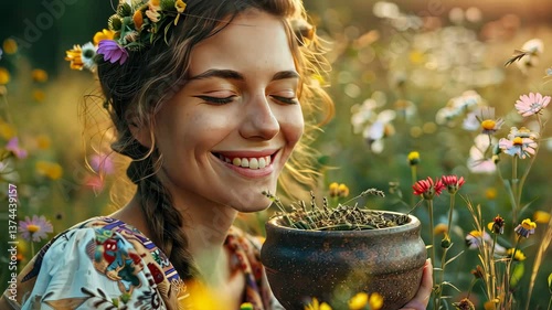A woman holds a mortar with herbs. Selective focus. nature.