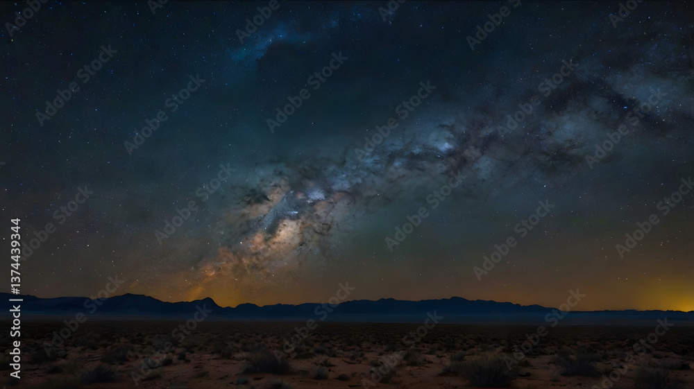 Fototapeta premium A starry night over a vast desert landscape, with the Milky Way shining bright above