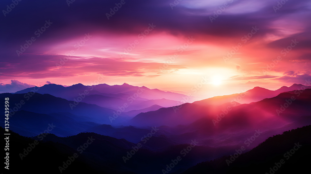 The sun setting over a vast mountain range, painting the sky with pinks, purples, and soft golds. The sun setting over a vast mountain range, painting the sky with pinks, purples, and soft golds.
