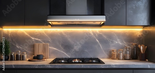 17. A stylish range hood above a stove with glowing lights in a contemporary kitchen