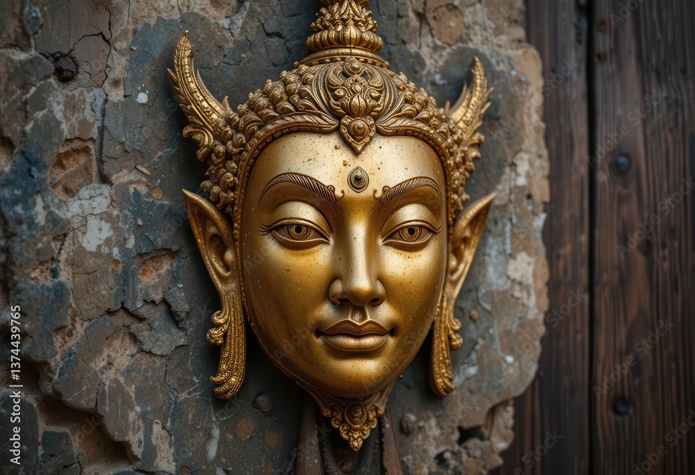custom made wallpaper toronto digital Detailed Gold Thai Mask Still Life Dark Wood Background