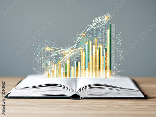 Golden Bar Graph Rising From Open Book on Wooden Table