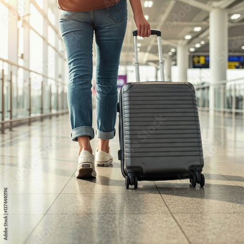 Traveler Walking with Rolling Suitcase in Motion Through Busy Corridor