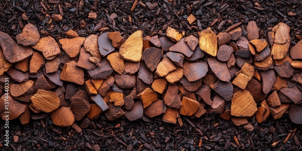 Brown mulch texture with dyed bark nuggets, featuring abstract wood pieces scattered throughout, creating a natural, earthy background with rich tones for a rustic banner design. Brown mulch texture with dyed bark nuggets, featuring abstract wood pieces scattered throughout, creating a natural, earthy background with rich tones for a rustic banner design.