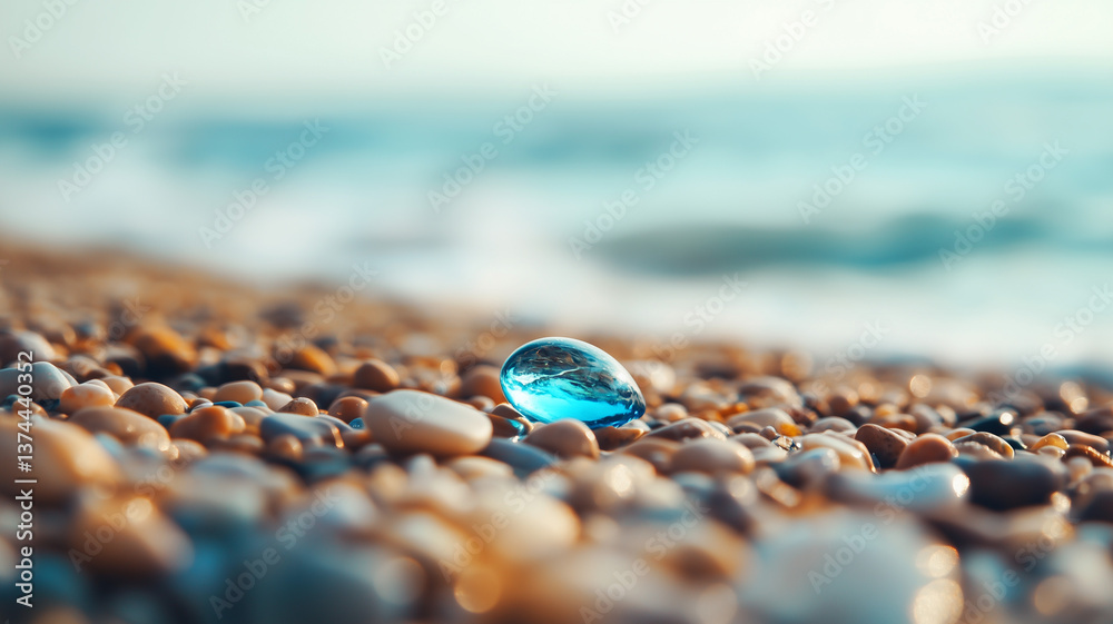 A close-up of the beach, with small pebbles scattered across it. The focus is on one blue glass stone among them. Ai generated A close-up of the beach, with small pebbles scattered across it. The focus is on one blue glass stone among them. Ai generated
