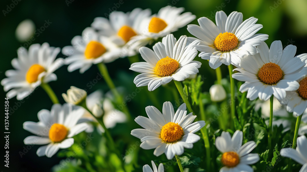Fototapeta premium A group of white daisies with yellow centers, vibrant and colorful, macro photography, detailed close-up, sunny day. Ai generated
