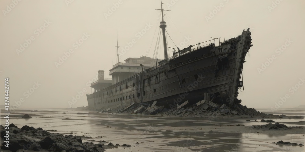 Obraz premium Ephemeral Echoes A Sunken Past Encased in Mud and Obscured by Fog