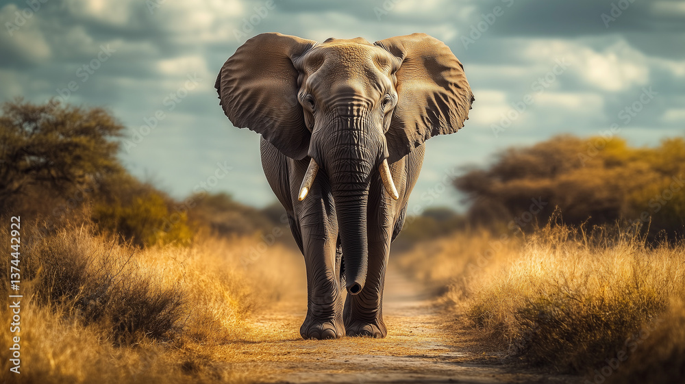 Obraz premium A majestic elephant, walking along the path of an African savannah, with its powerful trunk raised and tusks dripping as it moves towards the camera. Ai generated
