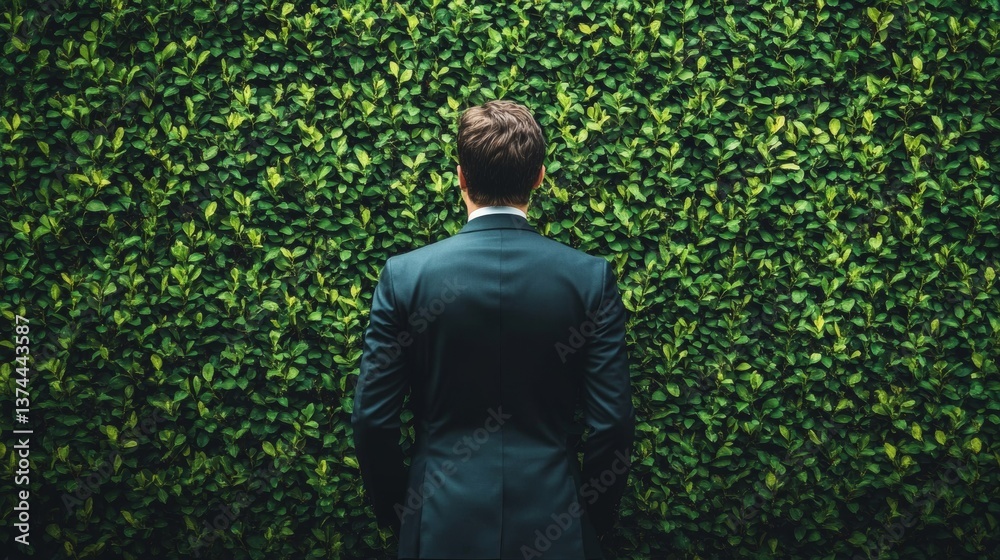 Fototapeta premium Businessman facing green wall with suit and serious posture