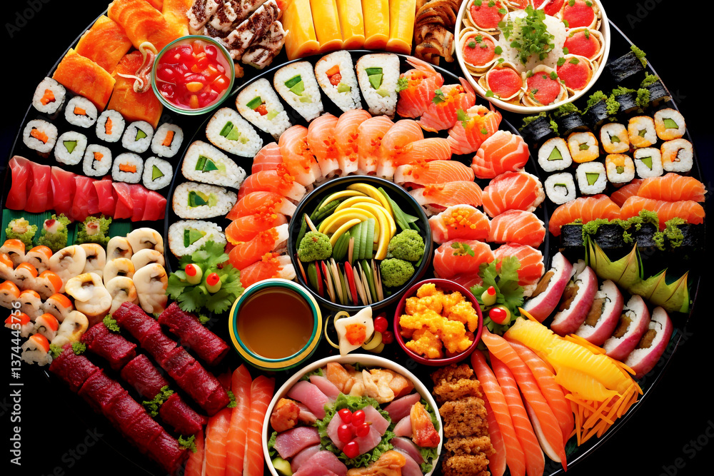 A top-view composition of various sushi pieces, showcasing fresh seafood, vegetables, and traditional Japanese ingredients