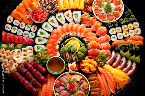 Obraz na płótnie A top-view composition of various sushi pieces, showcasing fresh seafood, vegetables, and traditional Japanese ingredients w salonie