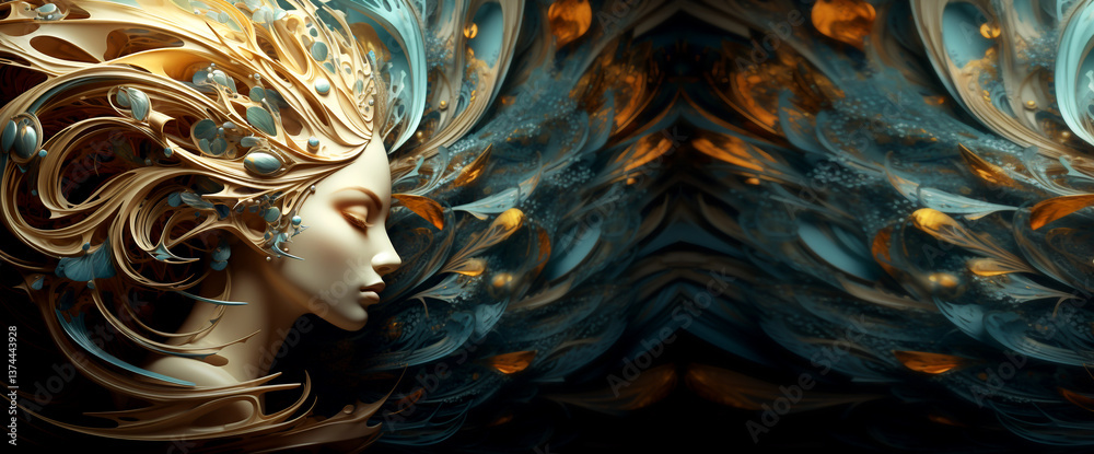 A dreamy abstract portrait of a woman, featuring vibrant makeup and flowing hair, blending fantasy elements with bold orange and blue tones, creating a surreal beauty concept