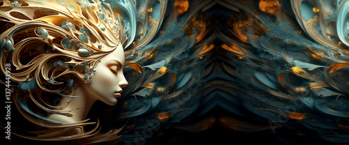 Obraz na płótnie A dreamy abstract portrait of a woman, featuring vibrant makeup and flowing hair, blending fantasy elements with bold orange and blue tones, creating a surreal beauty concept w salonie