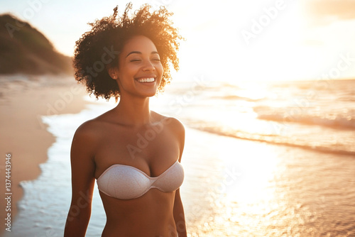 A radiant portrait of an Afro woman by the ocean at sunrise or sunset, basking in the warm summer sun, exuding happiness and serenity