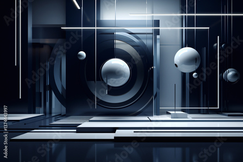 Obraz na płótnie A modern abstract background featuring a black minimalist design with geometric lines and spheres, creating a sophisticated and futuristic aesthetic w salonie
