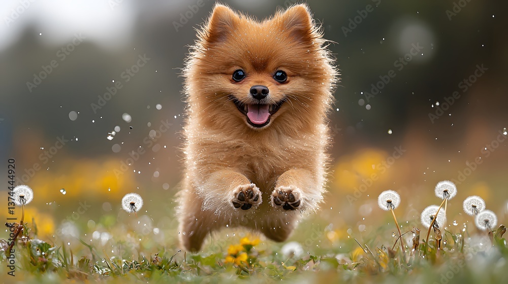 Obraz premium Happy Pomeranian dog leaps in spring meadow (1)