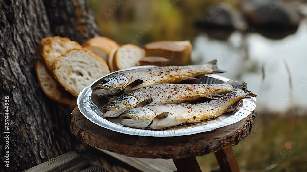 Some fresh water grilled trouts and bread on plastic plate outdoors on wooden chair