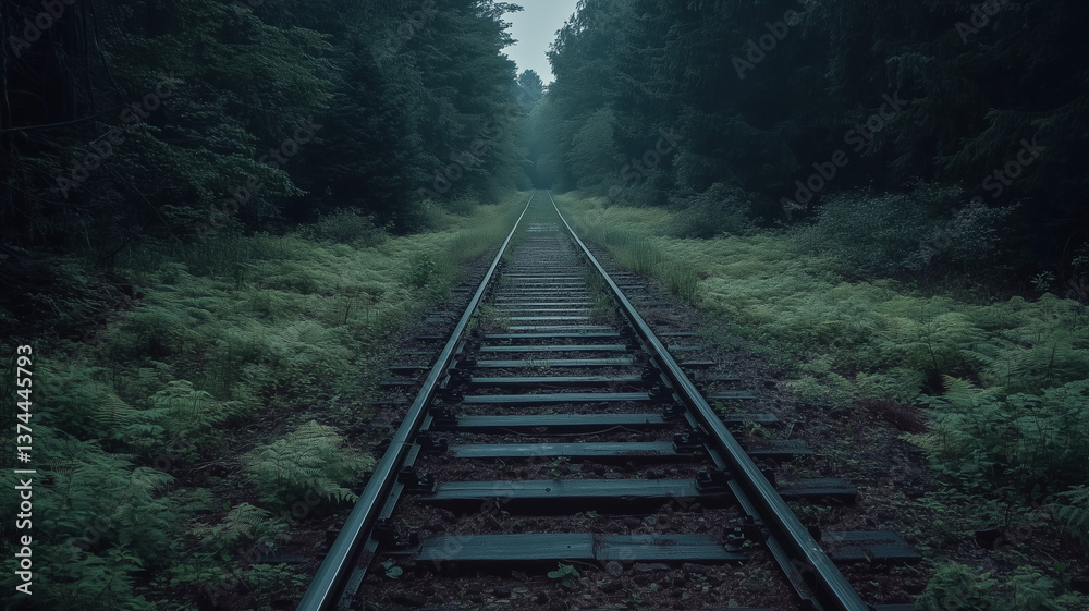 An abandoned train track running through the forest, eerie and atmospheric, with dark green foliage, a moody, low-angle shot. Ai generated An abandoned train track running through the forest, eerie and atmospheric, with dark green foliage, a moody, low-angle shot. Ai generated