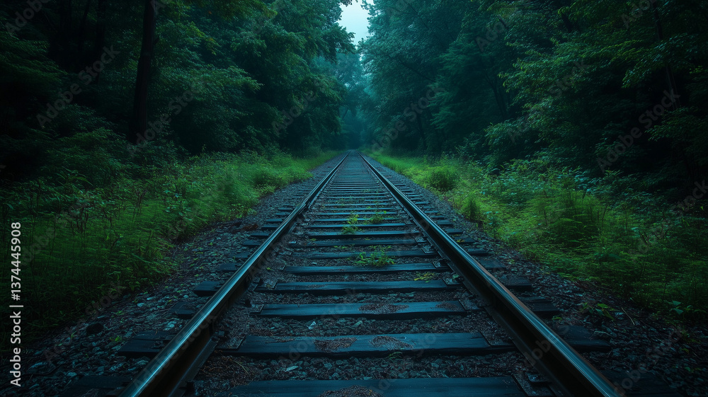 An abandoned train track running through the forest, eerie and atmospheric, with dark green foliage, a moody, low-angle shot. Ai generated An abandoned train track running through the forest, eerie and atmospheric, with dark green foliage, a moody, low-angle shot. Ai generated