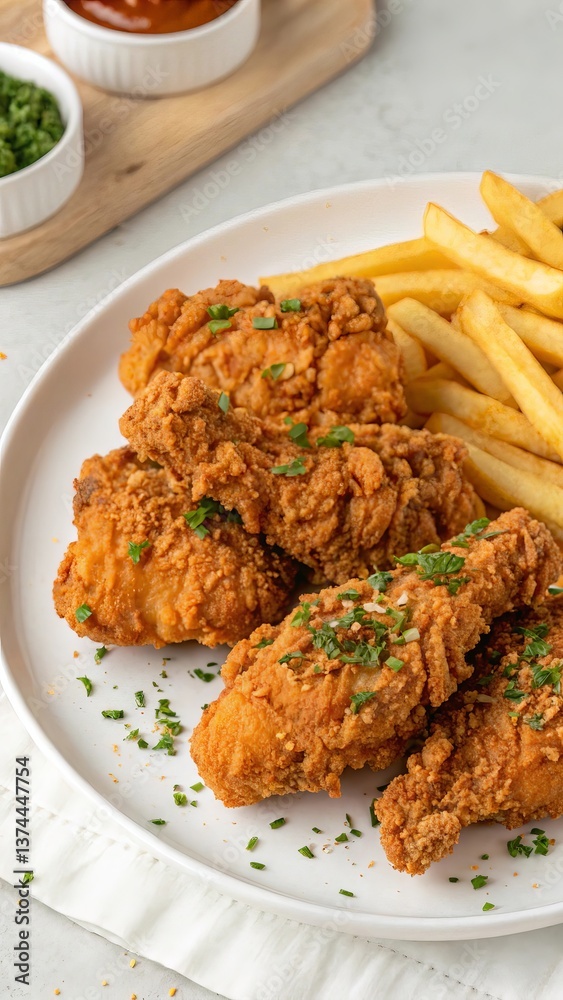Crispy Fried chicken in a white plate with sauce on white background table. Crispy Fried chicken in a white plate with sauce on white background table.
