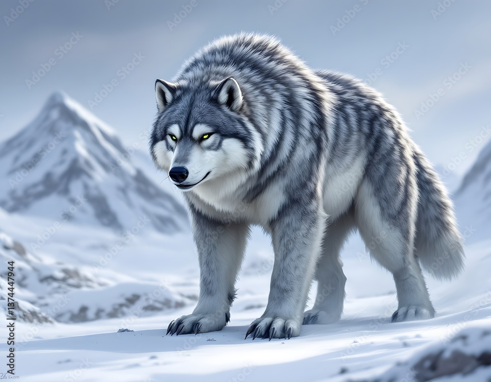 Obraz premium Majestic Wolf Standing in Snowy Landscape with Mountain Backdrop in Daylight