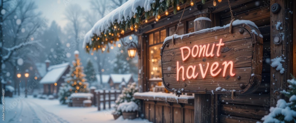 Obraz premium Rustic wooden donut shop sign with steaming coffee in the background. Bokeh lights enhance the festive and warm atmosphere in the