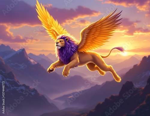 Fantasy Creature Soaring Above Mountains at Sunset with Golden Wings Illustration