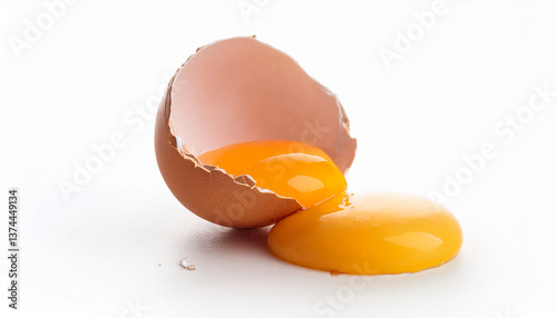 Cracked eggshell with yolk spilling out isolated on white background. Farm food. Natural product.