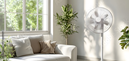 71. A white modern electric fan oscillating in a living room with natural light