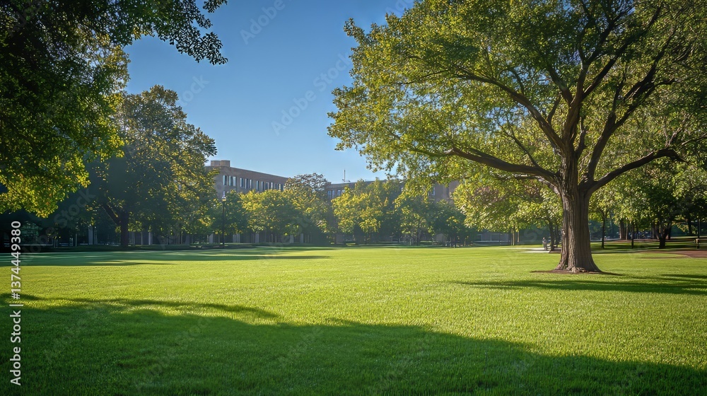 Fototapeta premium An empty campus green at noon, with a lone tree and architectural buildings in the background, peaceful and still 