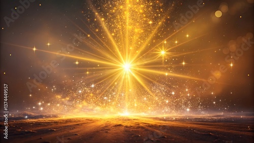 Radiant Golden Burst Illuminating a Tranquil Evening Landscape With Sparkling Effects and Cosmic Ambiance