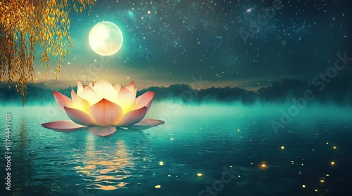 Glowing lotus flower floating on lake under full moon and starry night sky. Seamless looping video animation background