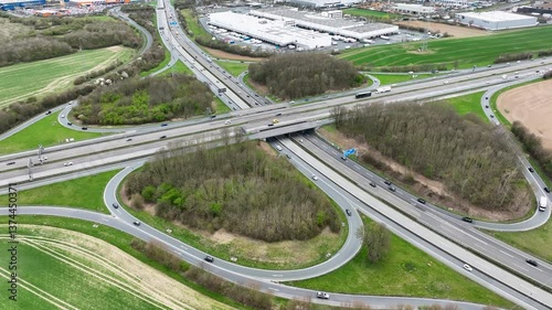 Aerial view of a large cloverleaf interchange - German highway A5 nearby Frankfurt