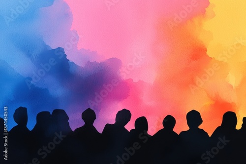 Colorful Abstract Watercolor Background with Silhouettes of People Watching an Event