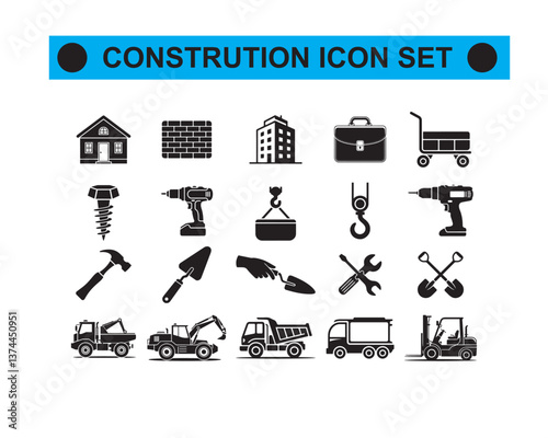 construction icons set, Heavy equipment black icons, Eps file, Editable file, Vector file