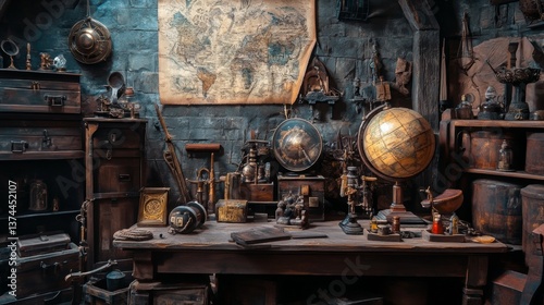 Antique laboratory with globes, maps, and old scientific tools