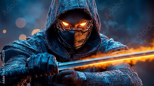 Dark ninja warrior with shiny eyes and sword footage. Man in hood with glowing blade and cybernetic mask motion picture. Futuristic assassin concept stock video clip