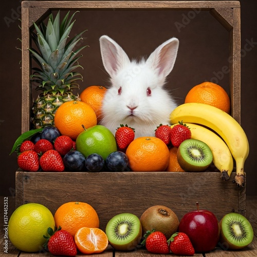 A fluffy white bunny playing inside a wooden crate