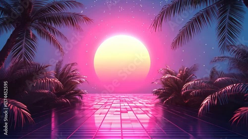 Retro 80s Vaporwave Sunset Beach Palm Trees Digital Art Video Footage. Synthwave Aesthetic Motion Graphic. Miami Vice, Tropical Vacation, Summer Holiday Theme Clip.