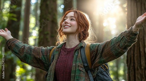 A woman enjoying sustainable, eco-friendly fashion feels liberated with arms outstretched in a forest, happily breathing fresh air, embodying the spirit of a traveler exploring a healthy, natural