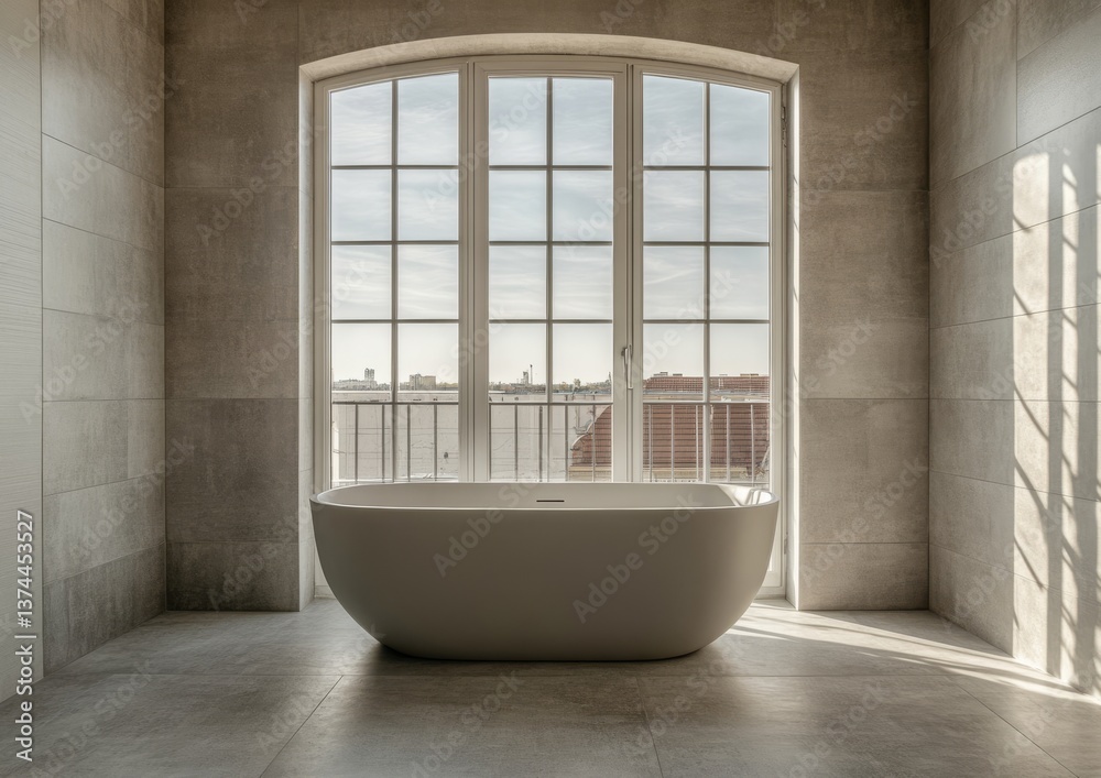 Elegant grey porcelain wall tiles frame a luxurious bathroom retreat, complete with a pristine white quartzite double vanity, a frameless glass shower, and a standalone oval soaking tub Elegant grey porcelain wall tiles frame a luxurious bathroom retreat, complete with a pristine white quartzite double vanity, a frameless glass shower, and a standalone oval soaking tub