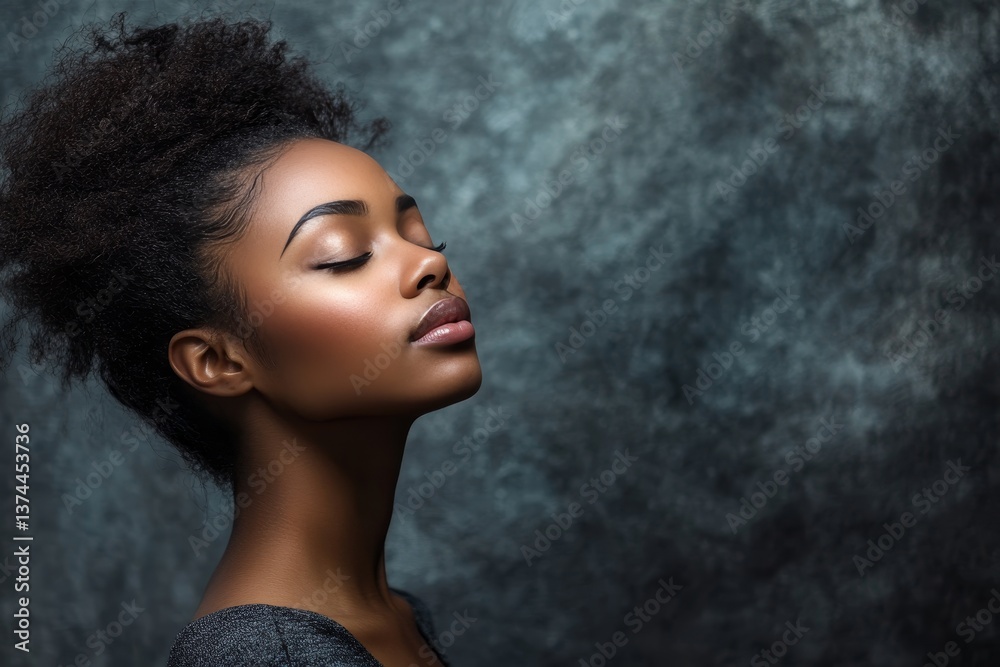 Fototapeta premium Stunning portrait of a black woman with eyes closed against a textured gray background