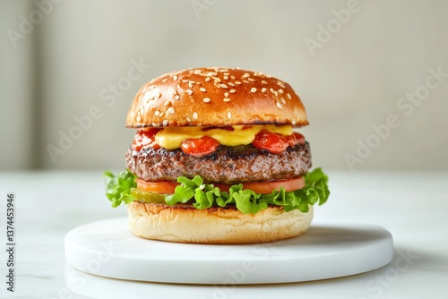 Minimalist food photography  a front view burger displayed on a white marble board with soft shadows