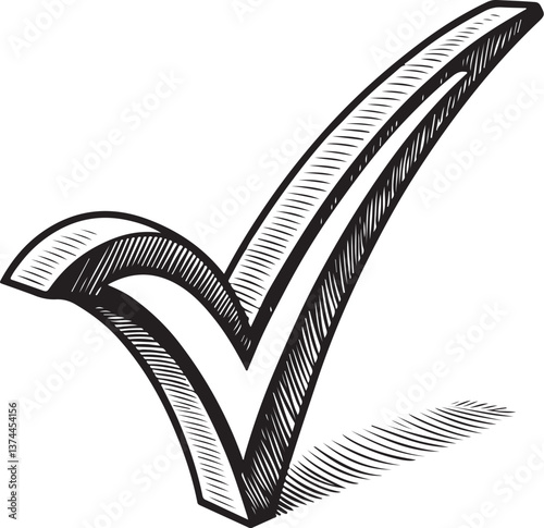 Tick Check Done Black and White Vector Illustration, Sketch Drawing Line Linear Engraving, Hand-drawn Isolated