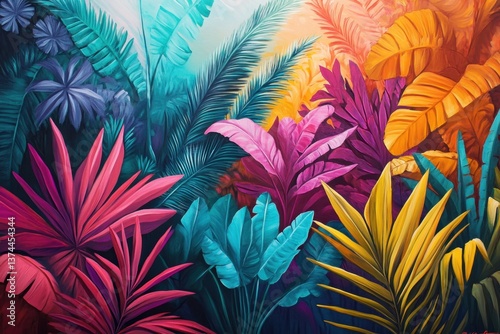 This photo showcases a vibrant painting depicting various tropical plants and trees bringing a burst of color and life to any space .