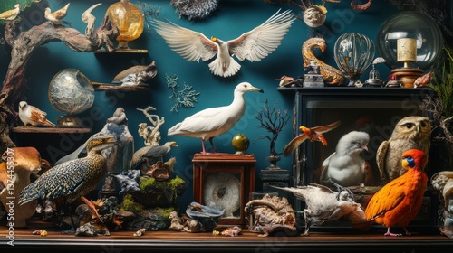 Eclectic collection of taxidermy birds on vintage teal wall