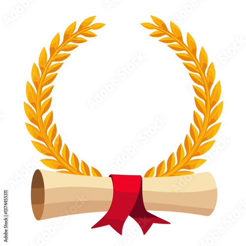 Golden laurel wreath with scroll and ribbon on white background  