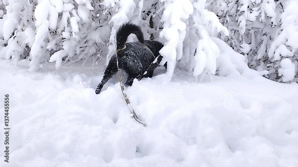 A lively black puppy joyfully bounds through a thick blanket of snow in a serene forest landscape. The winter wonderland setting is enhanced by snow-covered trees and the puppy's playful antics.